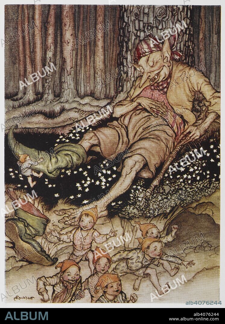 Illustration of an Ogre sleeping in a wood while little children pull off his shoes from Hop-O'-My-Thumb. The Arthur Rackham Fairy Book, etc. London : G. G. Harrap & Co., 1933. 'Hop-o'-my-thumb went up to the Ogre softly and pulled off his seven-league boots.'. Source: 12403.bb.17 Facing p. 28.