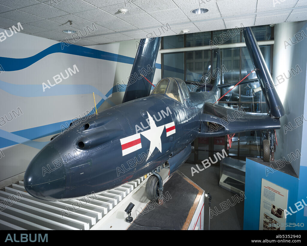 MCDONNELL AIRCRAFT CORP.. First all-jet, aircraft carrier-based fighter plane. Single-seat, twin-engine (Westinghouse turbojets), retractable, electrically powered, tricycle landing gear. The McDonnell FH-1 Phantom was the first U.S. jet aircraft to take off from and land on an aircraft carrier, and subsequently it became the first U.S. jet fighter in operational service with both the Navy and Marine Corps. Its development during World War II was a major technological achievement that played a significant role in transforming U.S. aircraft at sea from piston power to jet propulsion.
