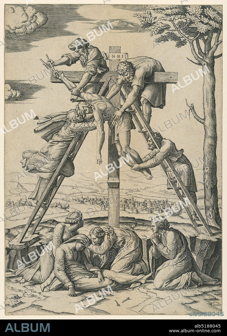 The Deposition, Marc Antonio Raimondi, Italian, 1483 1527, Raphael, (Italian, 14831520), Engraving on laid paper, Christ taken from Cross by four disciples; his right hand is still nailed to Cross. Below, three women consoling the Virgin Mary. In background, a town and mountains behind it., Italy, ca. 1520, religion, Print, Print.