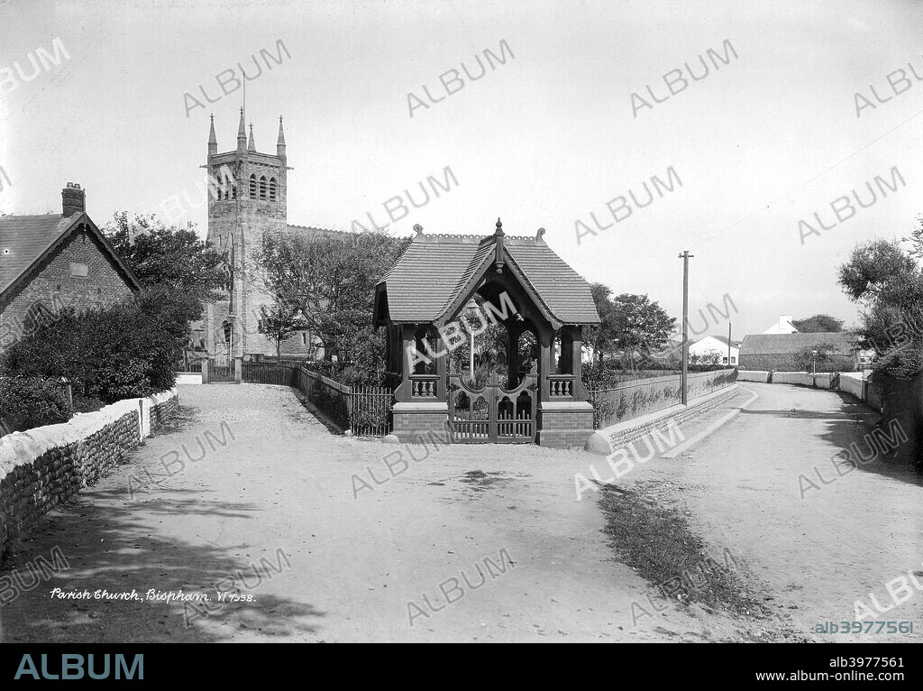All Hallows Church, Bispham, Lancashire, 1890-1910. The lych gate leading to the parish church on All Hallows Road, Bispham. The church shown here was built in 1883 and designed by John Lowe of Manchester, although a church has existed on this site since the 12th century.
