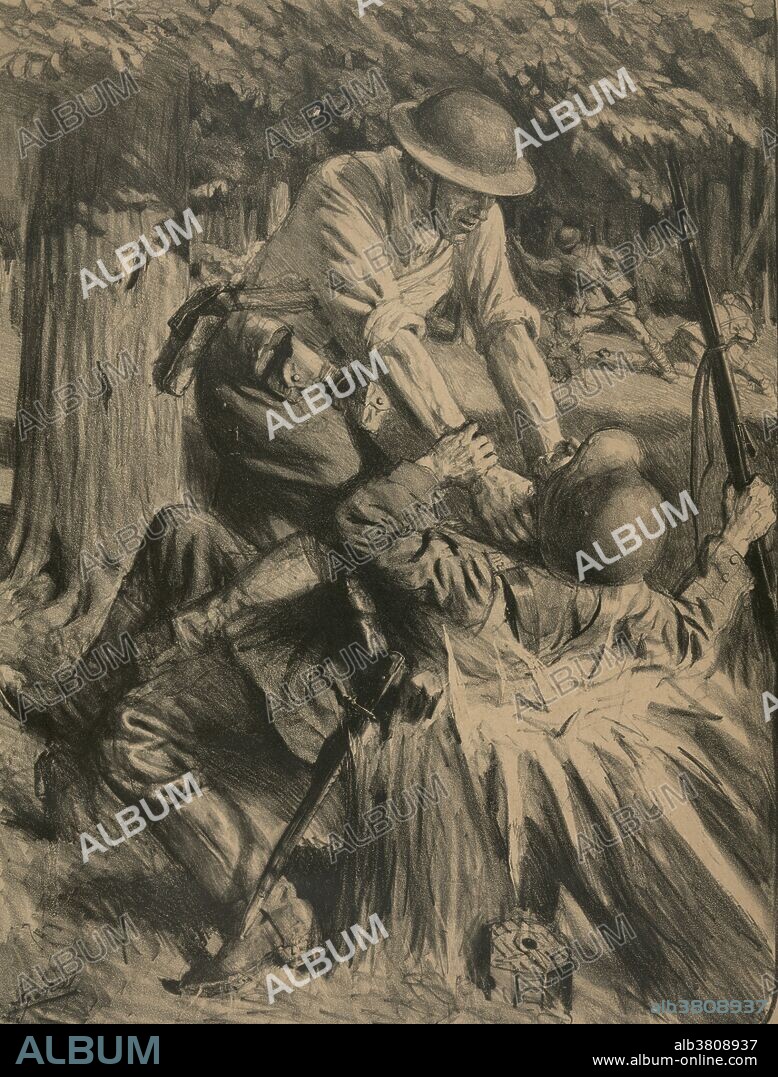Entitled: Au bois belleau. Sketch shows an American soldier strangling a soldier at Belleau Wood battle during World War I by Lucien Jonas. The Battle of Belleau Wood occurred during the German 1918 Spring Offensive in World War I, near the Marne River in France. The battle was fought between the U.S. Second and Third Divisions and an assortment of German units including elements from the 237th, 10th, 197th, 87th, and 28th Divisions. The battle has become a deep part of the lore of the United States Marine Corps. The woods were attacked by the Marines a total of six times before they could successfully expel the Germans. They fought off parts of five divisions of Germans, often reduced to using only their bayonets or fists in hand-to-hand combat. U.S. forces suffered 9,777 casualties, included 1,811 killed. There is no clear information on the number of Germans killed, although 1,600 Germans were taken prisoner.