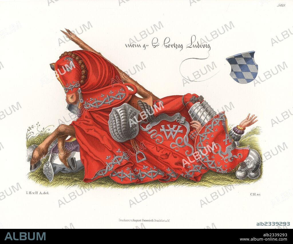 Count Ludwig knocked backward from his horse during a joust, 16th century. He wears a helmet, buckler and armour cuisses, and his lance is broken. The buckler (shield) and caparison have silver decoration painted on a red field. The fall occurred in a joust with his brother Duke William IV of Bavaria from an illustration in his Turnierbuch (Tournament Book). Chromolithograph from Hefner-Alteneck's "Costumes, Artworks and Appliances from the Middle Ages to the 17th Century," Frankfurt, 1889. Illustration by Dr. Jakob Heinrich von Hefner-Alteneck, lithographed by C. Regnier. Dr. Hefner-Alteneck (1811-1903) was a German museum curator, archaeologist, art historian, illustrator and etcher.