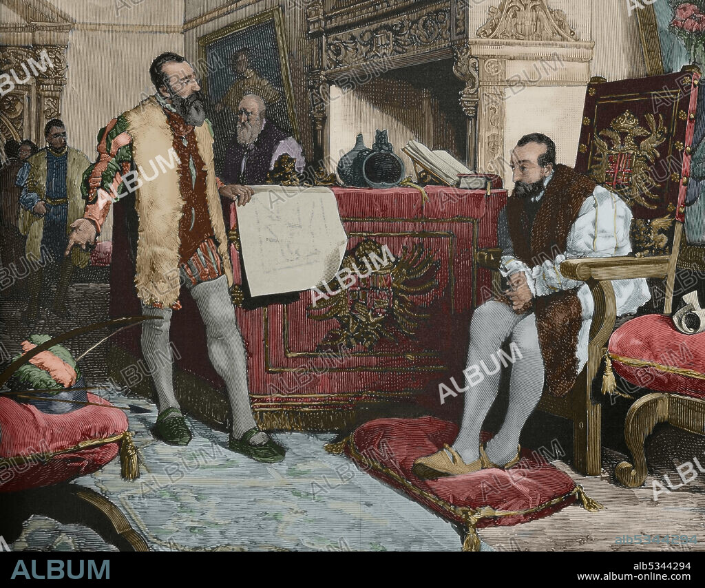 EUGENIO VELA (D. 1895). SPANISH ENGRAVER.. Entrevista del Emperador Carlos V (1500-1558) con Francisco Pizarro (1487-1541) antes de marchar éste a la conquista del Perú. Grabado por Vela a partir de un cuadro de Angel Lizcano. Coloreado. La Ilustración Española y Americana, 22 de agosto de 1881.