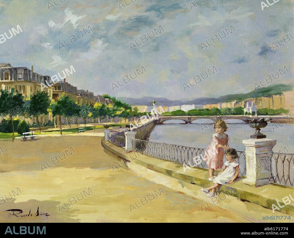 RICARDO SANZ 1957/. PINTURA (PASEO JUNTO AL RIO CON NIÑAS ).