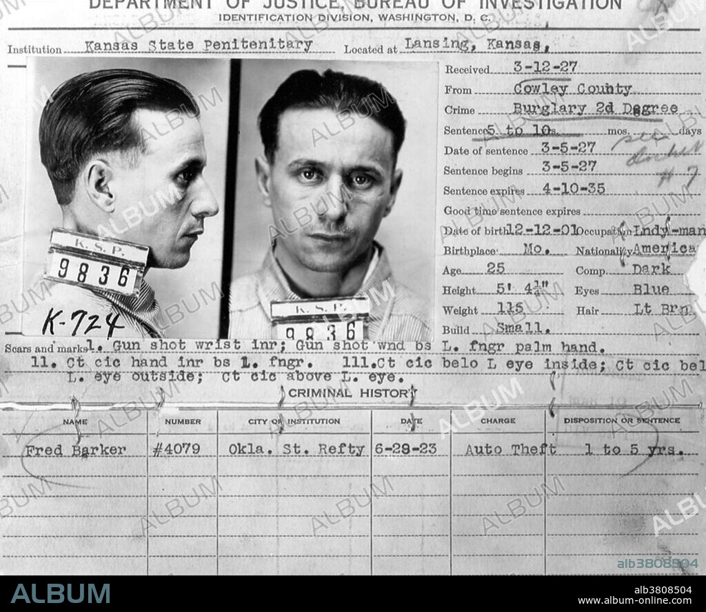 Early criminal history record on Fred Barker. Frederick George Barker (December 12, 1901- January 16, 1935) was one of the founders of the Barker-Karpis gang, which committed numerous robberies, murders and kidnappings during the 1930s. He was the youngest son of Ma Barker. The gang became nationally notorious in 1933-4 when they organized the kidnappings of local businessmen William Hamm and Edward Bremer. Arthur Barker carried out the kidnappings with a different accomplice each time. They netted $100,000 for the first victim and twice that for the second. He and his mother were killed in a lengthy gunfight with the FBI in 1935. Their bodies were found in the same front bedroom. Fred's body was riddled with bullets, but Ma appeared to have died from a single bullet wound, atommy gun was lying between them. Their bodies were put on public display, and then stored unclaimed, until October 1, 1935, when relatives had them buried.