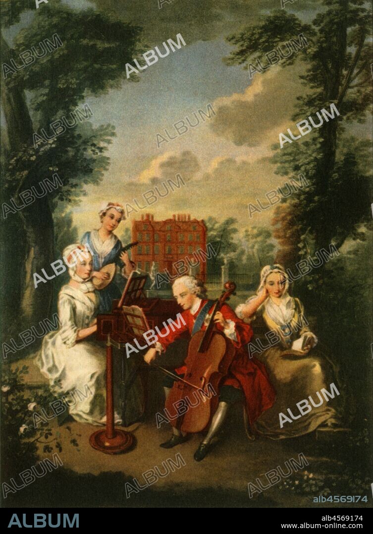 PHILIPPE MERCIER. Prince Frederick Louis, Prince of Wales, playing the 'cello at Kew Palace, c1733-1750, (1942). Portrait of Frederick Louis (1707-1751) accompanied by his sisters Anne (1709-1759), Caroline (1713-1757) and Amelia (1711-1786), at Kew (west London). Painting in the National Trust Collection at Cliveden, Buckinghamshire. From "English Music', by W. J. Turner. [Collins, London, 1942].