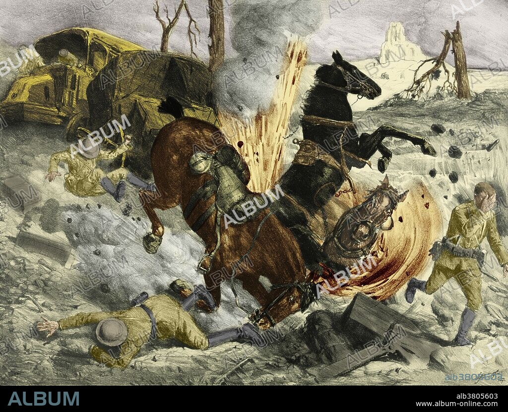 Entitled: Night bombing by aeroplanes on a road near Soissons. Sketch shows bomb striking horses and soldiers during a battle in World War I by Lucien Jonas. The Battle of Soissons was waged from July 18-22, 1918, between the French (with American assistance) and German armies. Allied Supreme Commander Ferdinand Foch, planned a major counter-offensive with 24 French divisions, several British Divisions, and the Buffalo Soldiers 92nd Infantry Division (United States), and reinforced by other Allied troops including eight large U.S. divisions under U.S. command, and 350 tanks, sought to eliminate the salient that was aimed at Paris. The battle ended with the French recapturing most of the ground lost to the German Spring Offensive in May 1918.