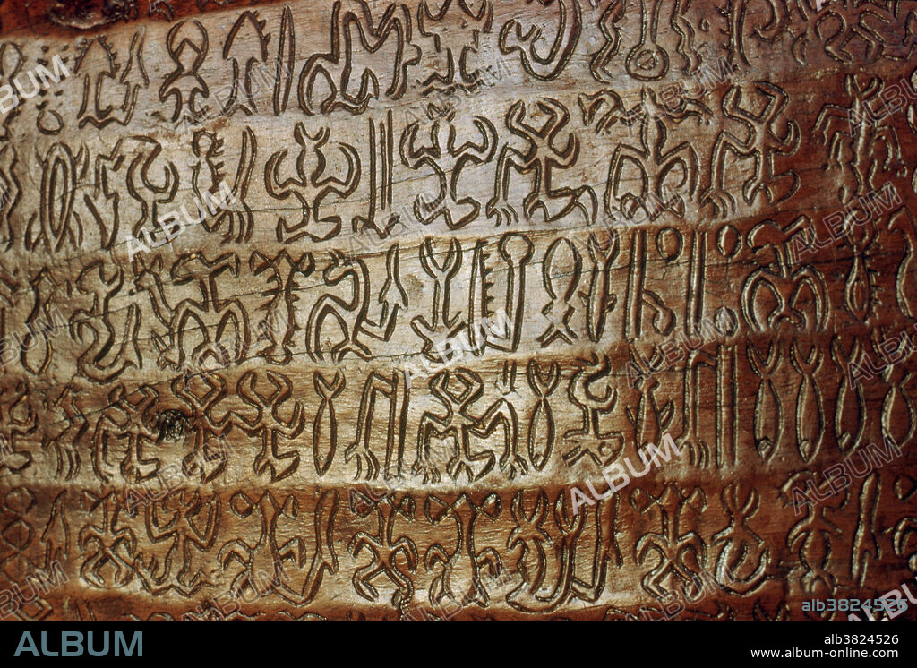 Detail of a wooden tablet written in Rongorongo. Rongo is an ancient hieroglyphic language from Easter Island.