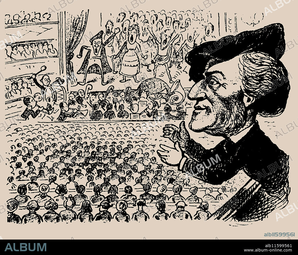 ANONYMOUS. Richard Wagner at the performance of Die Meistersinger. Caricature from "Kikeriki".