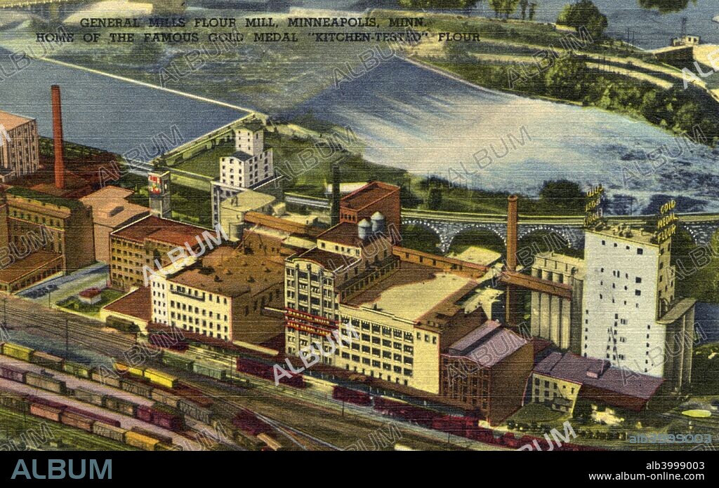 General Mills flour mill, Minneapolis, Minnesota, USA, 1948. Vintage postcard showing a bird's eye view of the home of the famous Gold Medal 'Kitchen Tested' flour, located on the west bank of the Mississippi River at St Anthony Falls.