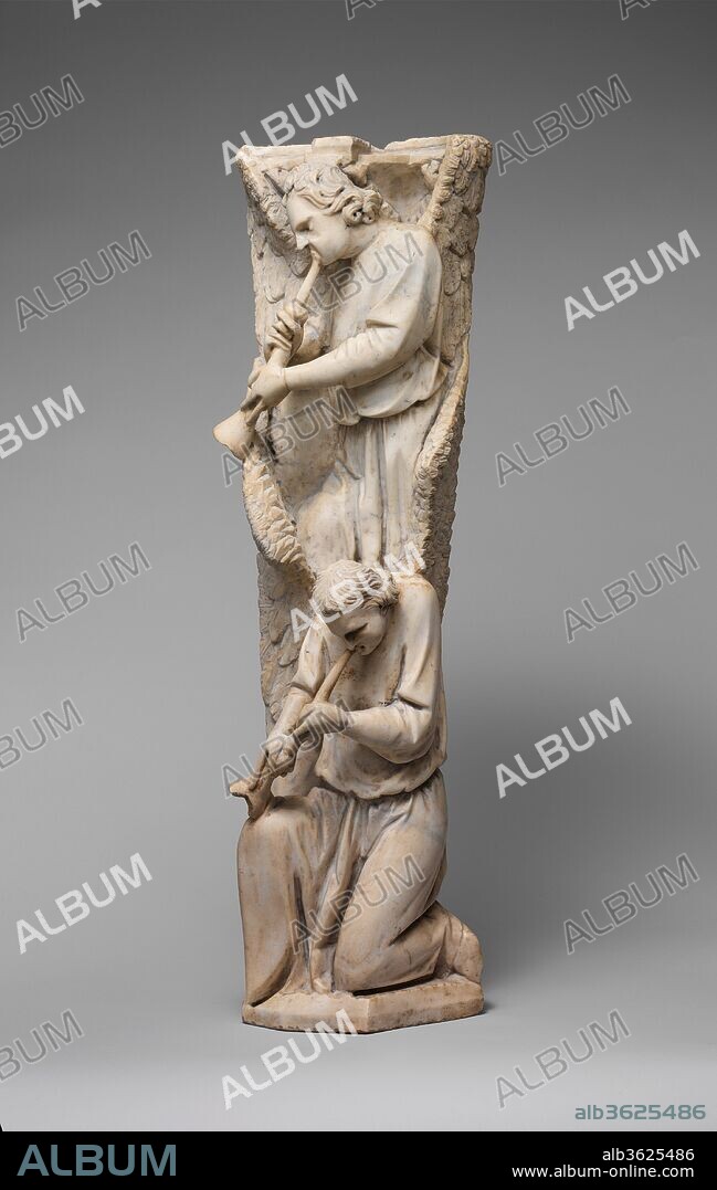Pilaster of Angels Sounding Trumpets from the Parapet of a Pulpit. Artist: Workshop of Giovanni Pisano (Italian, Pisa ca. 1240-before 1320 Siena). Culture: Central Italian. Dimensions: Overall: 33 5/8 x 9 1/8 x 7 in. (85.4 x 23.2 x 17.8 cm). Date: 1302-10.
The trumpet-blowing angels, heralding the Last Judgment once flanked a relief of Christ as Judge (now in Berlin) in the center. The central pilaster is composed of a compact group with symbols of the evangelists: the angel of Matthew at center, the ox of Luke at his left, and the lion of Mark on the right. The pilaster supported an eagle lectern, similar to the adjacent one, for the reading of the Gospels. The eagle of John thus completed a representation known as a tetramorph. Probably executed by assistants after designs by the sculptor Giovanni Pisano, the pulpit was finished in 1310. It was dismantled in 1603, then reconstructed in the cathedral in 1926.