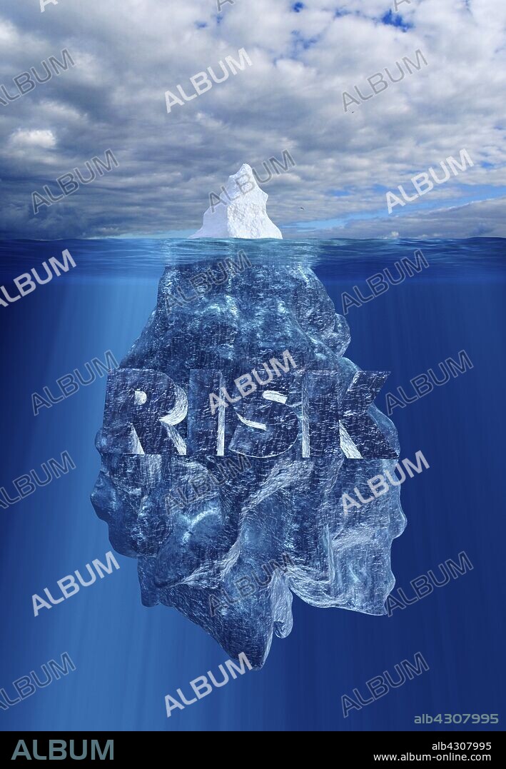 Iceberg above and below waterline and word 'risk' underwater.