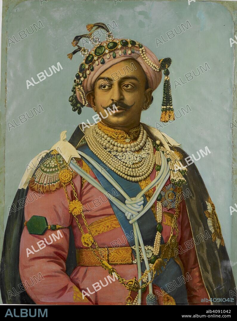 Portrait of Maharaja of Benares. H.H. Sir Madhu Narayan Singh, Maharaja of Benares, with an outline of the portrait drawn on the reverse. Signed Madho Prasad, 1908.  Oil paint  photograph 1909  Benares style  . 1909. Source: Foster 249.