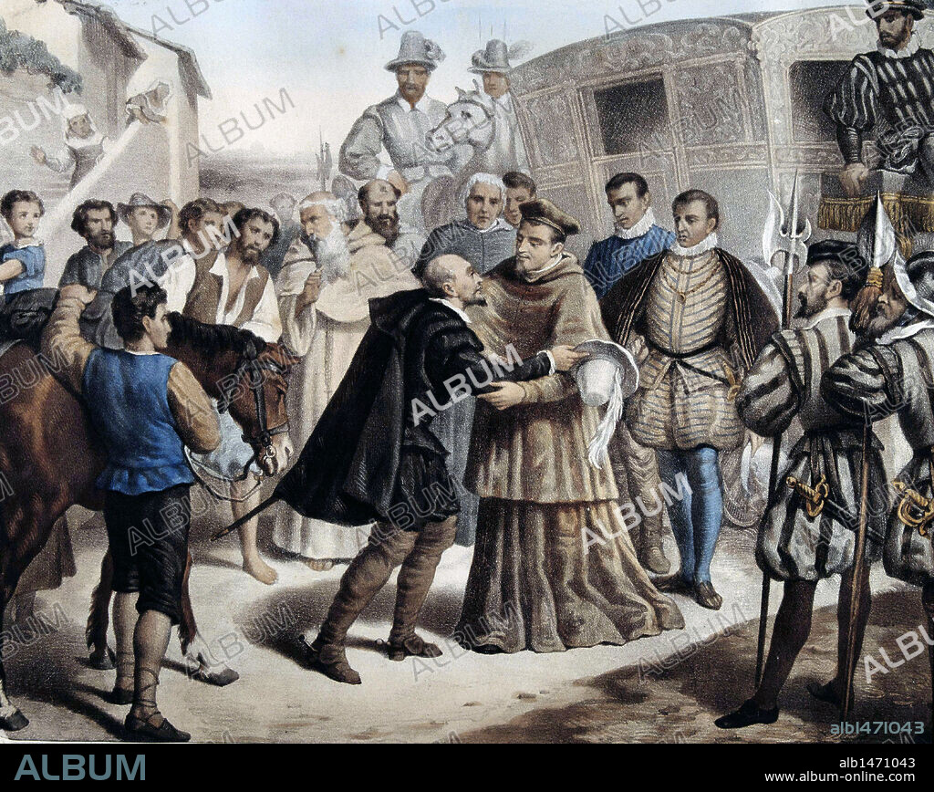 TORQUATO TASSO (1544-1595). Poeta italiano. S. XVI. Autor de la epopeya "Gerusalemme Liberata" (1581), donde se narran las proezas de Godofredo de Bouillon en la Primera Cruzada contra los musulmanes. "TASSO ES RECIBIDO EN ROMA POR EL CARDENAL ALDOBRANDINI EN NOMBRE DEL PAPA CLEMENTE VII". Litografía de L. Turgis. Biblioteca Nacional. Madrid.