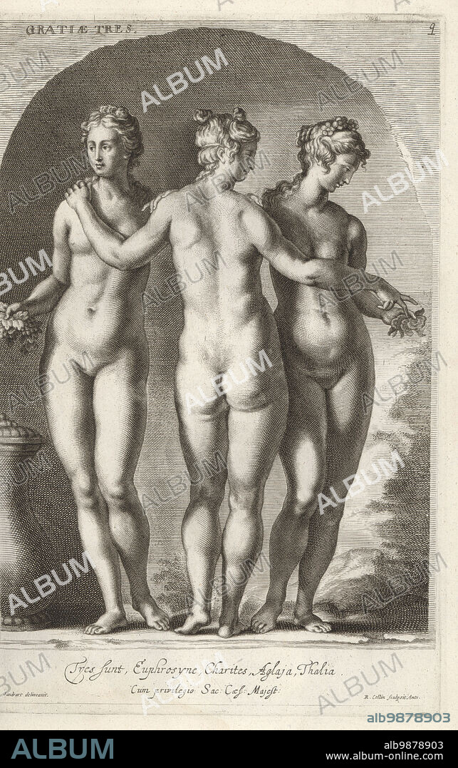 The Three Graces, Gratiae or Charites: Aglaia, Euphrosyne and Thalia. Naked goddesses of charm, beauty, fertility and goodwill in Greek and Roman myth. From a sculpture in the Galleria Giustiniana (more probably in the Borghese collection, now in the Louvre). Copperplate engraving by Richard Collin after an illustration by Joachim von Sandrart from his LAcademia Todesca, della Architectura, Scultura & Pittura, oder Teutsche Academie, der Edlen Bau- Bild- und Mahlerey-Kunste, German Academy of Architecture, Sculpture and Painting, Jacob von Sandrart, Nuremberg, 1675.