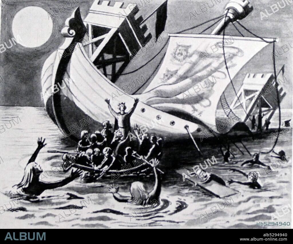 Illustration depicting the White Ship, a vessel which sank in the English Channel in 1120, drowning William Adelin, the only legitimate son of King Henry I of England.