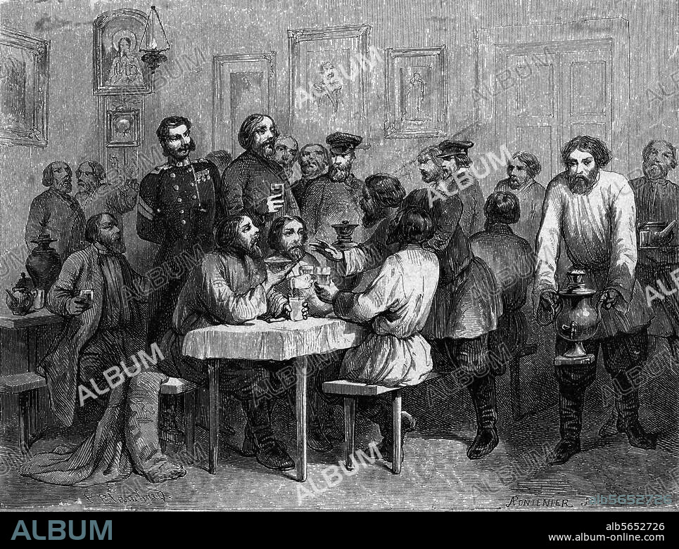 Volkskunde / Rußland:. In einer Teestube in Sankt Petersburg. Holzstich, um 1880.