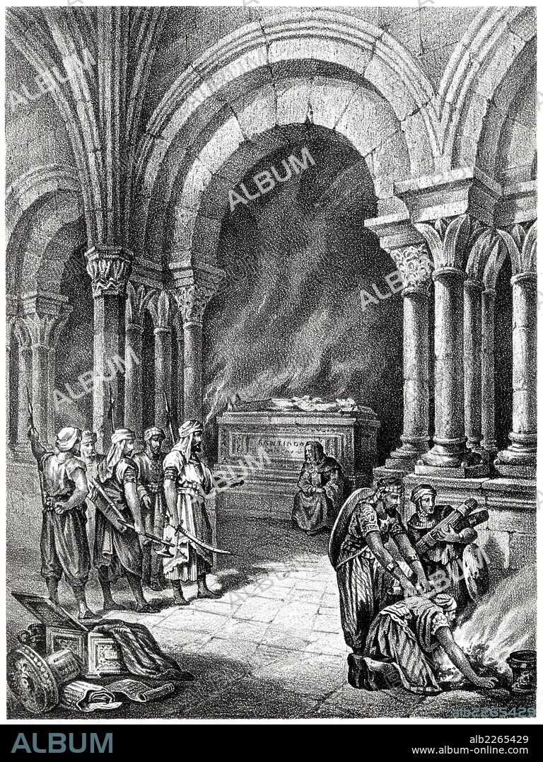 Historia de España. Almanzor ante el sepulcro del apóstol Santiago en Compostela, en el año 997. Grabado de 1872.