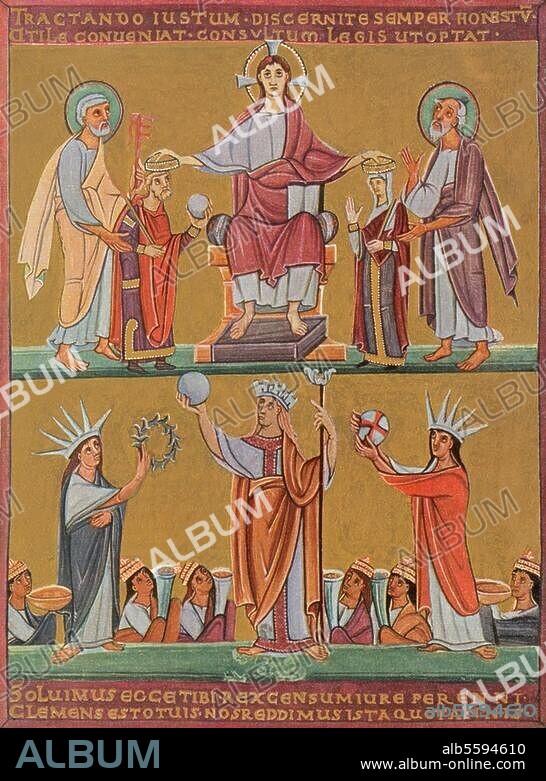 ANONYM. Heinrich II. der Heilige, röm. Kaiser u. dt. König; 973-1024. Christus krönt Heinrich und Kunigunde. Buchmalerei, Reichenau, 1007 oder 1014. Aus dem Bamberger Evangeliar. München, Staatsbibl., Cod. lat. 4452.