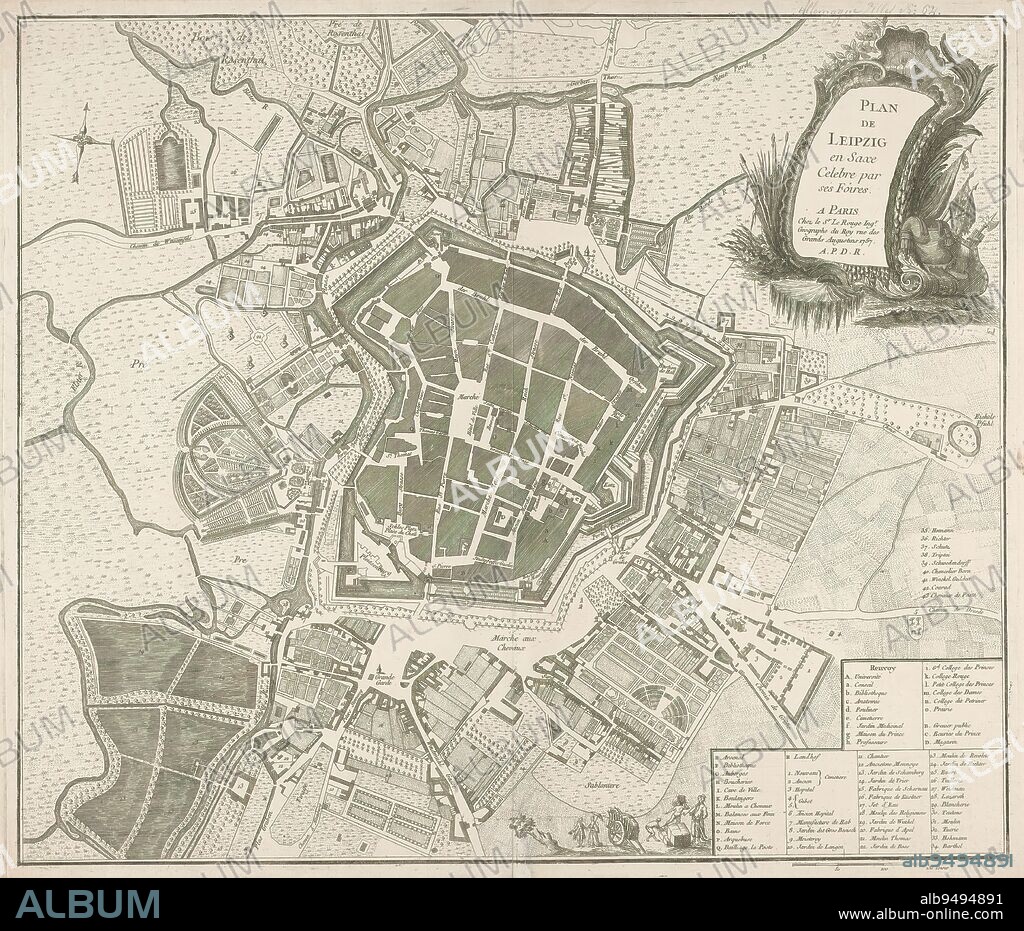 Map of Leipzig, Plan de Leipzig en Saxe celebre par ses Foires (title on object), print maker: anonymous, publisher: George Louis le Rouge, (mentioned on object), Lodewijk XV (koning van Frankrijk), (mentioned on object), Paris, 1757, paper, engraving, etching, height 498 mm × width 575 mm.