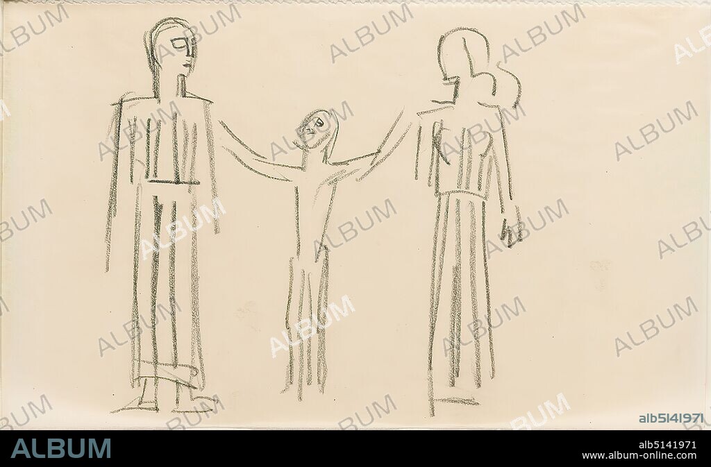 Gustav Heinrich Wolff, sketch of three figures (design for The Eumenides), pencil, parchment, drawing, pencil on parchment, total: height: 11.6 cm; width: 19.3 cm, drawing, graphics, sketches, design drawings, standing figure, furies, dirae (Erinnyen), Eumenides, Classical Modernism, single sheet from sketchbook 1923, probably design drawing for the copper engraving The Eumenides (Orestia 3. Orest as a boy between Apollo and Athena) (1923), Holthusen 1964 print no. 110.