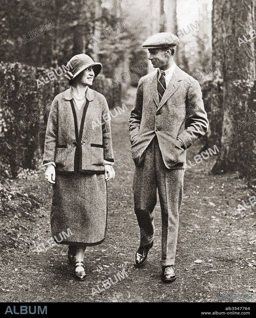 The Duke and Duchess of York strolling through the grounds of Polesdon Lacey, Surrey, England, on thier honeymoon in 1923. Prince Albert, future King George VI, 1895 – 1952. King of the United Kingdom and the Dominions of the British Commonwealth. Elizabeth Angela Marguerite Bowes-Lyon, future Queen Elizabeth, 1900 –2002.