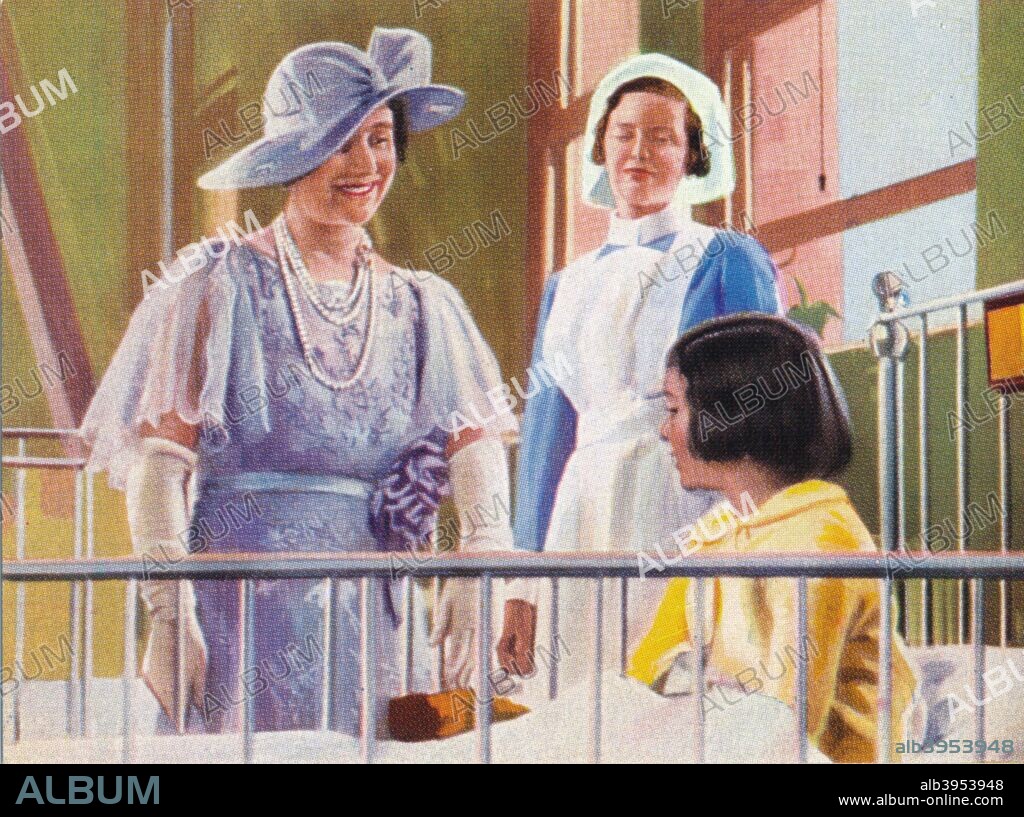 Queen Elizabeth visiting a children's ward at the Middlesex Hospital, 1935. The Duke of York, later King George VI, visited the hospital on 26 June 1928 to lay the foundation stone of the new building. He returned to open the completed building on 29 May 1935. From The Pageant of Kingship cigarette card series, issued by Peter Jackson Ltd., 1937.