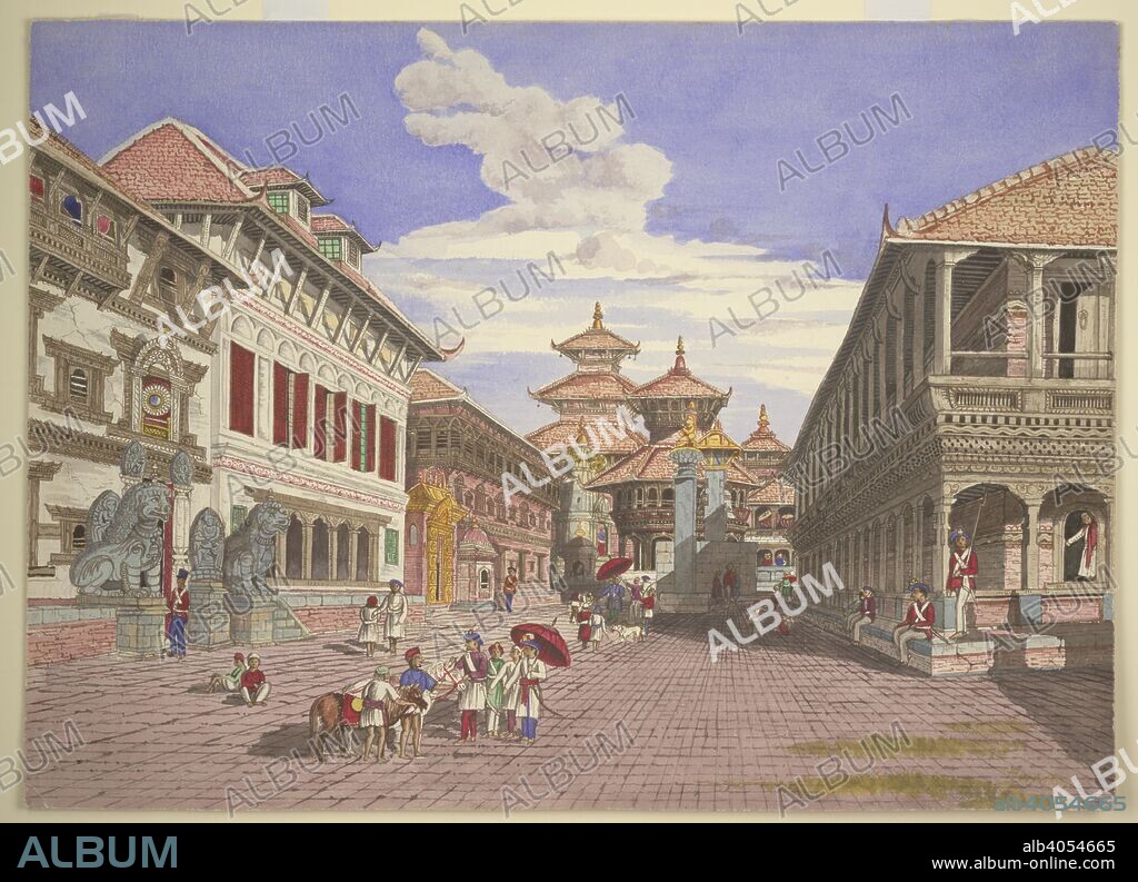 HENRY AMBROSE OLDFIELD. 'The Durbar, Bhatgaon (restored since previous drawings were made) 1858'. Water-colour; 29.3 by 40.5 cm.