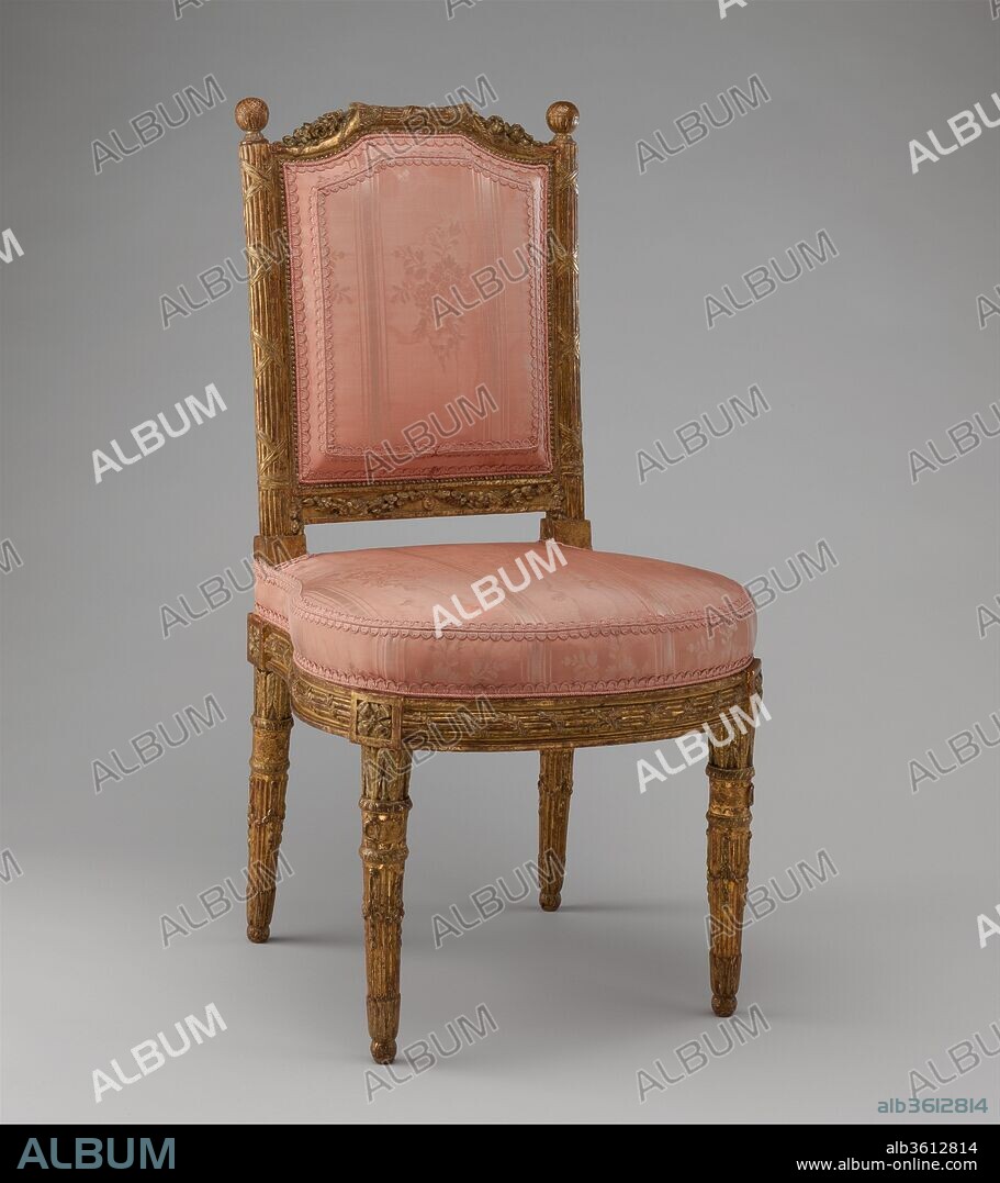 Side chair (chais à la reine) (one of a pair). Culture: French, Paris. Dimensions: 34 x 18-1/2 x 18 in.  (86.4 x 47.0 x 45.7 cm). Maker: Georges Jacob (French, Cheny 1739-1814 Paris); Carved by Jules-Hugues Rousseau (1743-1806) and; Jean -Siméon Rousseau de la Rottière (1747-1820); Gilded by Presle. Date: 1784.
"At eleven o'clock set out for the Thuilleries, to see the balloon go off; we soon quitted the coach, and it was with the greatest difficulty we got through the crowd on the Pont-royal to the little garden door. It was not long afterwards, that the Duke of Cumberland was in danger of being squeezed to death, as announced in all the public journals. The Queen of France sat in the balcony in front of the Thuilleries, appeared serious, and our party remarked, that she looked like a very handsome English woman. As soon as the aëronauts had taken their flight, I quitted the gardens."[1] In his diary entry for December 1, 1783, Joseph Cradock (1742-1826) refers to the many spectators who watched a historic event take place that day: the first manned hydrogen balloon flight. The aeronauts Jacques-Alexandre-César Charles (1746-1823), a physicist, and his collaborator, Marie-Noël Robert (1760-1820), took off from the gardens of the Tuileries in a gondola suspended from a netted hydrogen balloon.
Balloon-shaped and carved with netting, the finials of these side chairs, supplied for the queen's boudoir at the Château des Tuileries in February 1784, celebrate Charles and Robert's successful flight. Georges Jacob, one of the outstanding menuisiers of the ancien régime, provided the walnut frames, which he described as "of a new shape," possibly referring to the arched top rail or the seat shaped like a horseshoe. The brothers Rousseau, who were decorative painters as well as sculptors, executed the delicate carving, each element of which is carefully detailed in their 1784 invoice. The chairs' legs have the form of arrow-filled quivers, and the uprights of the back are shaped like fasces, or bundles of rods tied with ribbon, which symbolized power or authority in classical antiquity. The now little-known Presle, who advertised as "painter and gilder to the king," gilded the frames. For certain details of the carving, such as the myrtle branches on the seat rails, a clear greenish tone of gilding was chosen to subtly contrast with the yellow gold used elsewhere.
[Daniëlle Kisluk-Grosheide, 2010]
[1] Cradock 1828, vol. 2, pp. 38-39.