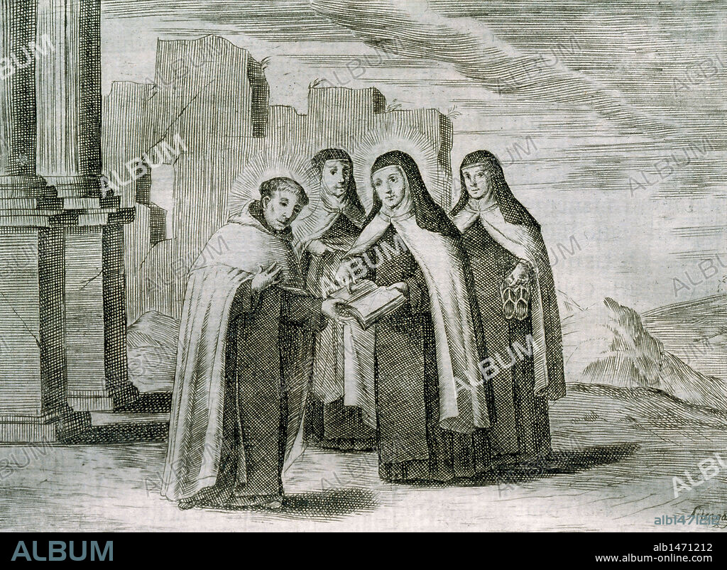 SANTA TERESA DE JESUS Y SAN JUAN DE LA CRUZ. Encuentro entre Teresa y Fray Juan de la Cruz en el otoño de 1567 (s. XVI). Reforma del Carmelo masculino. Grabado.