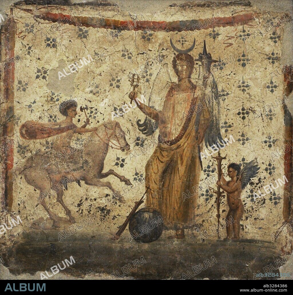 Pintura mural romana. Representación de la diosa Isis Fortuna sosteniendo una cornucopia y un sistrum. A su lado Helios-Harpócrates montado a caballo con una corona y hacha en su mano izquierda. Héspero, con una antorcha larga en sus manos. Pompeya, IX, 3, 7. Museo Arqueológico Nacional. Nápoles. Italia.