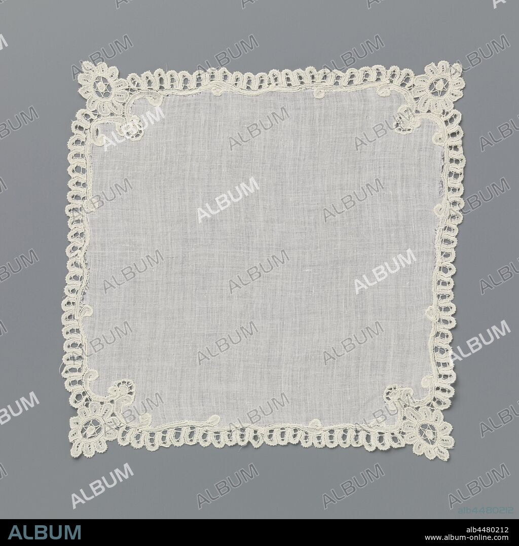 Handkerchief made of batist with scalloped edge of half oval arches and rosette flower with star-shaped flower heart in the corners, Handkerchief made of batist finished with bobbin lace: fine Bruges floral work The bobbin lace consists of four narrow and slightly wavy lines along the edges of the handkerchief, which partly overlap each other. Attached to this is a concatenation of openwork half-ovals, arcs, which form the shell edge. In every corner there is an overhang placed on two c-volutes and one large rosette flower, with an openwork round flower heart with a star in it. The motifs are made in linen with openwork edges and thick contour lines. The veins of the petals are depicted with recesses. The scallop edge is finished with picots., anonymous, Bruges, c. 1890, cotton (textile), batiste, bobbin lace, l 30.5 cm × w 30.5 cm w 7 cm.