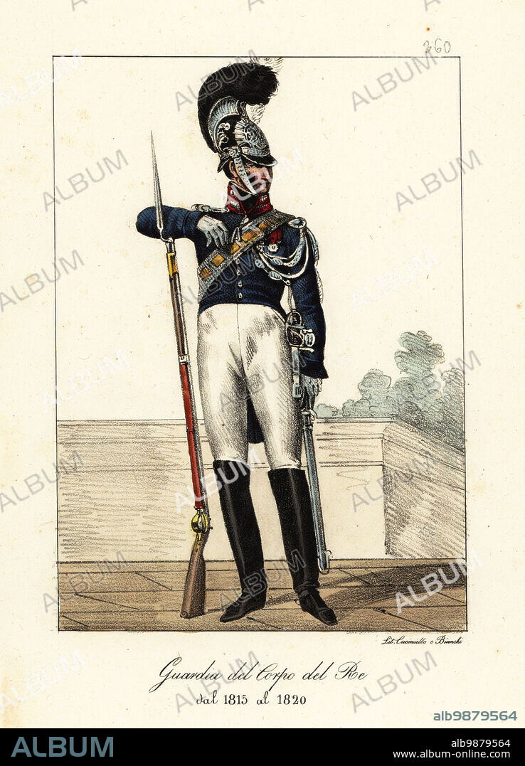 Uniform of the French Life Guards, Bourbon Restoration, 1815-1820. In dragoon's helmet with brush, blue coat with red collar, breeches, boots, armed with musket and sword. Garde du Corps du Roi de 1815 a 1820. Handcoloured lithograph by Lorenzo Bianchi and Domenico Cuciniello after Hippolyte Lecomte from Costumi civili e militari della monarchia francese dal 1200 al 1820, Naples, 1825. Italian edition of Lecomtes Civilian and military costumes of the French monarchy from 1200 to 1820.