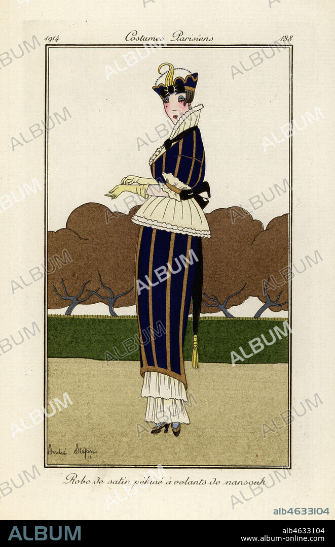 Woman in blue and yellow striped pekin silk satin dress with nainsook cotton frills. Robe de satin pekine a volants de nansouk. Handcoloured pochoir (stencil) etching after an illustration by Andre Stefan from Tommaso Antonginis Journal des Dames et des Modes, Aux Bureaux du Journal des Dames, Paris, 1912.