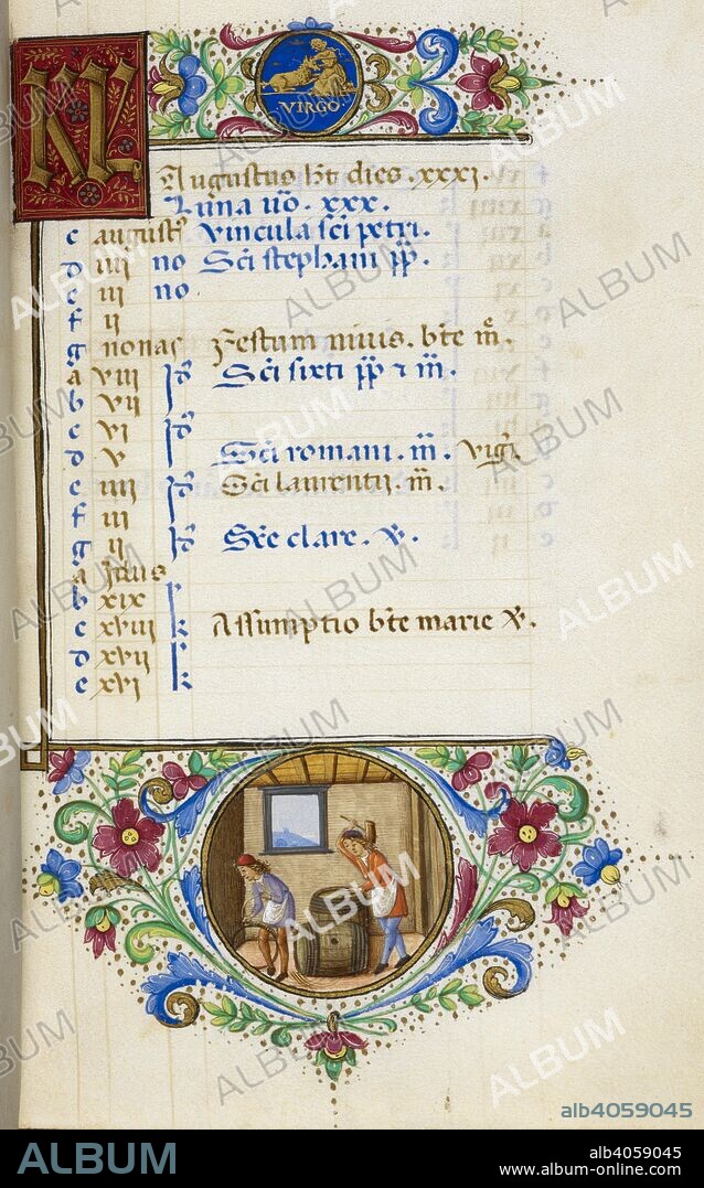 Calendar page for August. Virgo. Lower margin, two coopers making barrels. Produced for Laudomia, daughter of Lorenzo de' Medici, on her marriage to Francesco Salviati. Hours of Laudomia de' Medici. Italy [Florence]; 1502. Source: Yates Thompson 30, f.8. Language: Latin.