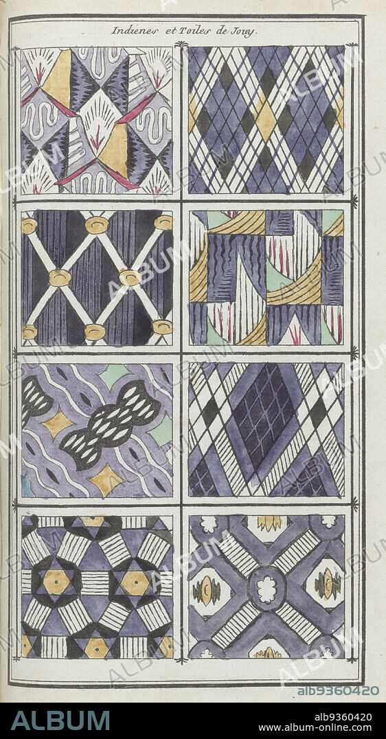 Le Mois, Journal historique, littéraire et critique, avec figures, Tome 2, An.7 (1798-1799): Indienes et Toiles de Jouy, Eight different examples of fabrics. According to the caption, Indienes et Toiles de Jouy. Print from the journal Le Mois : Journal historique, littéraire et critique avec figures, An 7 and 8 (1798-1800)., L.F. Labrousse (possibly), print maker: anonymous, 1798 - 1799, paper, etching, height 190 mm × width 117 mm.