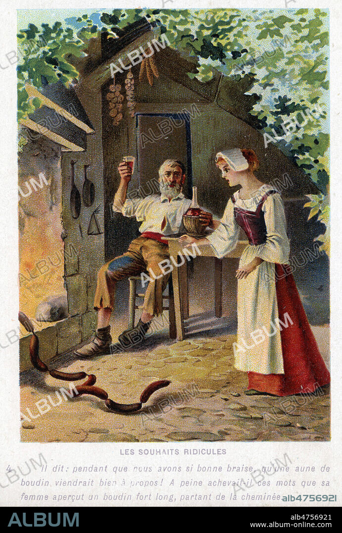 Le bucheron dit Une aune de boudin viendrait bien a propos. A peine achevait-il ces mots que sa femme apercut un boudin fort long partant de la cheminee. Illustration anonyme pour un chromo publicitaire pour le conte Les souhaits ridicules de Charles PERRAULT (1628-1703). Credit : Collection KHARBINE-TAPABOR.
