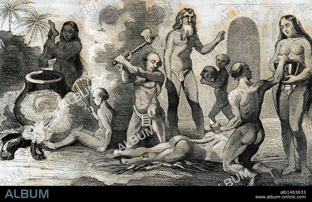 HISTORIA DE AMERICA. SIGLO XVI. CONQUISTA DE BRASIL. Expediciones portuguesas en el descubrimiento del Brasil. 'PREPARATIVOS PARA UNA COMIDA CANIBAL EN BRASIL EN TIEMPOS DE LA CONQUISTA'. Grabado francés de Prot y dibujo de Demoraine (año 1844).
