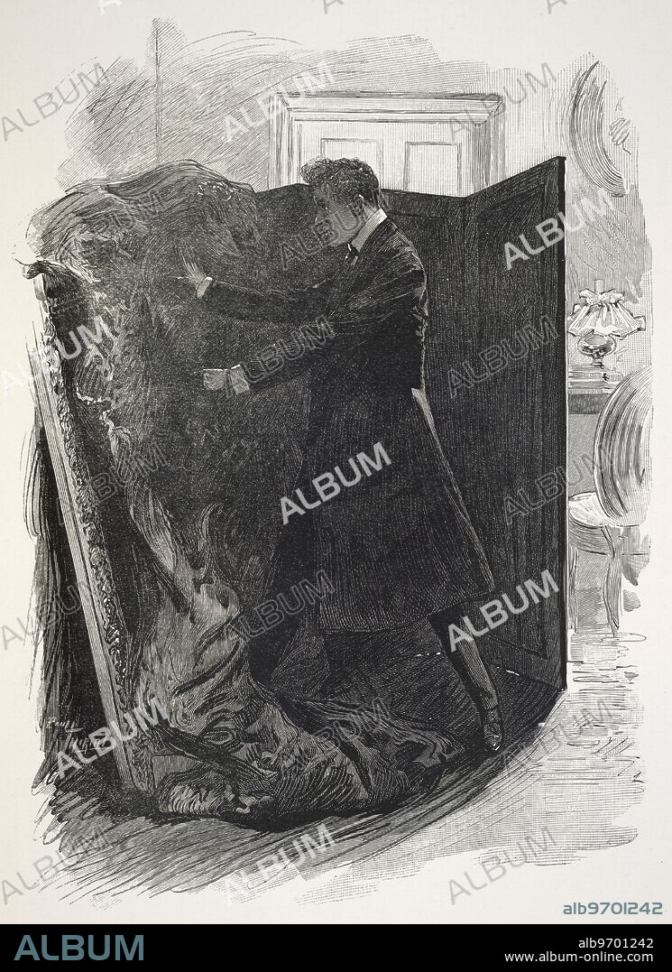 Covering the painting of Dorian Gray, 1910. A look of pain came across him, and he flung the rich pall on the picture. From The Picture of Dorian Gray (with plates engraved by Eugene Dele from drawings by Paul Thiriat) by Oscar Wilde. (Paris, 1910).