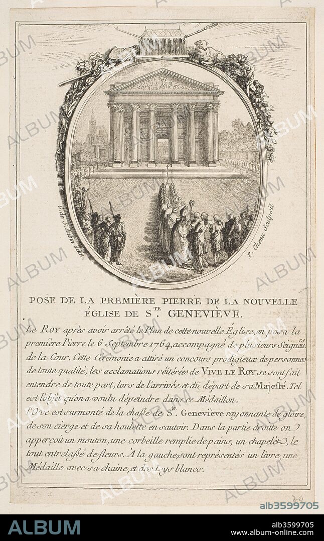 Pose de la premiere pierre de la nouvelle eglise Sainte-Genevieve. Artist: After Gabriel de Saint-Aubin (French, Paris 1724-1780 Paris); Etched by Pierre Chenu (French, Paris 1730-late 18th century). Dimensions: sheet: 7 1/2 x 4 5/8 in. (19 x 11.7 cm)
image: 7 1/16 x 4 7/16 in. (18 x 11.2 cm). Date: 1766.