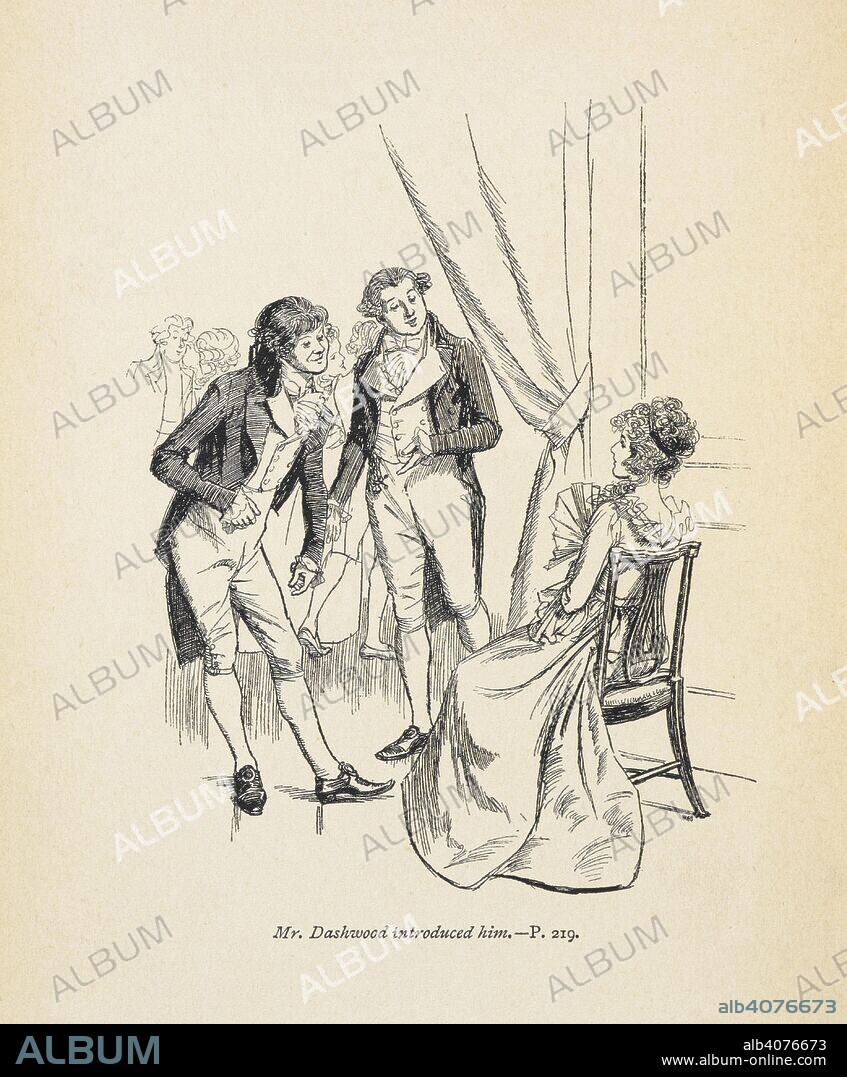 'Mr Dashwood introduced him'. Sense and sensibility / by Jane Austen; with an introduction by Austin Dobson; illustrated by Hugh Thomson. London : Macmillan and Co., 1896. Source: 012624.g.5 frontispiece.