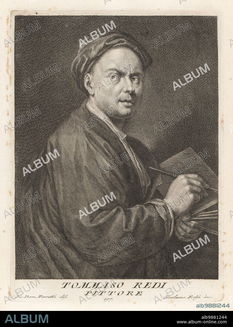 Tommaso Redi, Italian painter, active during the late-Baroque in his native Florence, 1665-1726. Painted the Palazzo Pitti. In hat and robes, holding a palette and paintbrushes. Pittore. Copperplate engraving by Pietro Antonio Pazzi after Giovanni Domenico Ferretti after a self portrait by the artist from Francesco Moucke's Museo Florentino (Museum Florentinum), Serie di Ritratti de Pittori (Series of Portraits of Painters) stamperia Mouckiana, Florence, 1752-62.