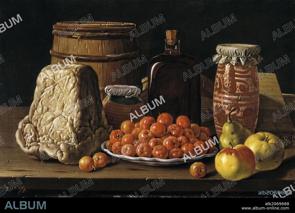 LUIS MELÉNDEZ. Luis Egidio Meléndez / 'Bodegón con plato de acerolas, frutas, queso, melero y otros recipientes', 1771, Escuela Española, Óleo sobre Lienzo, 41 cm x 62 cm, P00909.