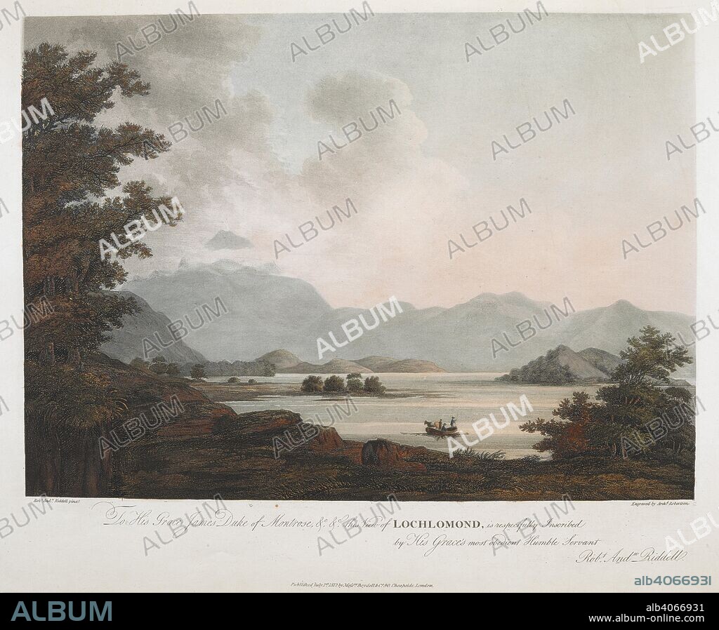 R. A. RIDDELL and A ROBERTSON. Figures in a boat in the foreground; Loch Lomond in the middle ground; trees throughout the scene; mountains in the distance. [London] : Published July 1st 1812 by Messrs Boydell&Co 90 Cheapside, London., [July 1 1812]. Aquatint and etching with hand-colouring. Source: Maps K.Top.49.4.h. Language: English.