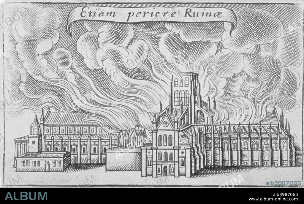 Old St Paul's Cathedral burning in the Great Fire of London, 1666.