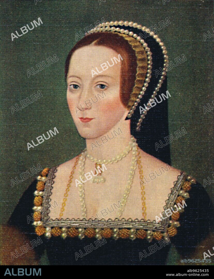 'Anne Boleyn', 1935. Anne, Marchioness of Pembroke (c1507-1536), also called Ann Bolin and Anne Bullen, (the original medieval English pronunciation) was the second wife and queen consort of Henry VIII and mother of Queen Elizabeth I. Anne was imprisoned in the Tower of London on charges of adultery with her brother and four other men, and of conspiring with them against the king's life. She was beheaded, and Henry was betrothed to Jane Seymour the following day. From Kings & Queens of England - A Series of 50. [John Player & Sons, London, 1935].