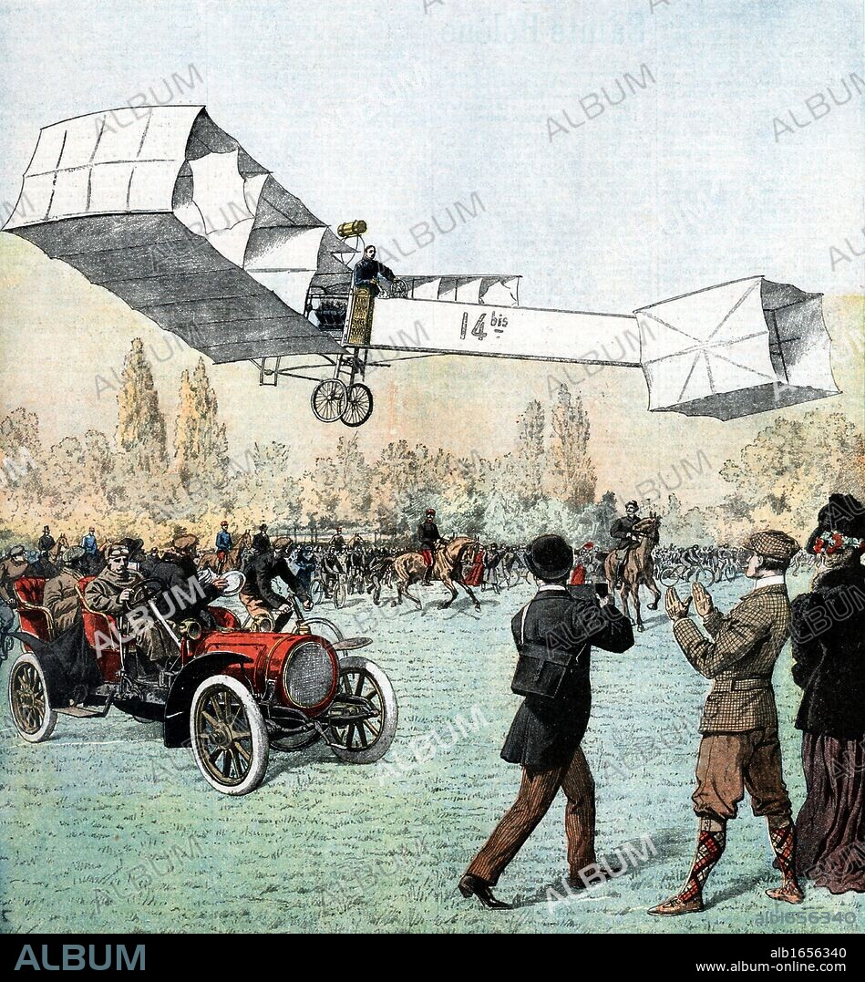 Alberto Santos-Dumont (1873-1932) Brazilian aviation pioneer: aeroplanes and dirigibles. Santos-Dumont flying his plane in the Bois du Boulogne, Paris. First powered plane flight in Europe. Antoinette engine. Man in car is throwing out plates so that distance of flight could be measured. From "Le Petit Journal", Paris, 25 November 1906.