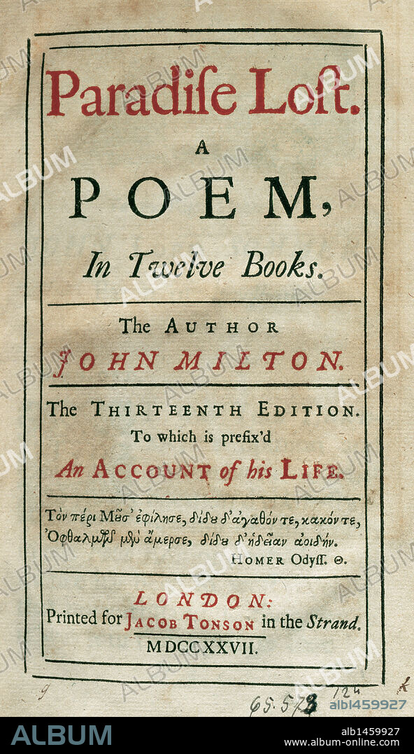 John Milton (1608-1674). English poet. Paradise Lost, 1667. Title cover of an edition printed in London, 1727. Library of Catalonia. Barcelona. Spain.
