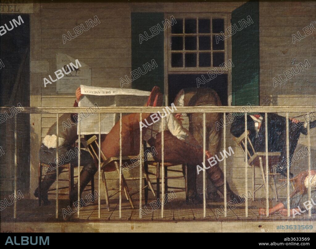 The True American. Artist: Enoch Wood Perry (1831-1915). Dimensions: 11 7/8 x 16 1/8 in. (30.2 x 41 cm). Date: ca. 1874.
This painting was included in a collection of Perry's works and memorabilia in 1944. It resembles other works by him in technique, but the satirical subject and the unusual monogram signature at the lower left are atypical. All the heads in the picture are hidden, including those of the dog on the right side of the porch and the horse on the stud card tacked to the clapboard wall of the building, which is identified as the "National Hotel" in the sign partially visible in the upper left corner. The work's title comes from the abolitionist newspaper seen to the left of center, which was published with this masthead in Lexington, Kentucky, from 1846 to 1849. The artist's intentions, like the painting's date, are unknown.