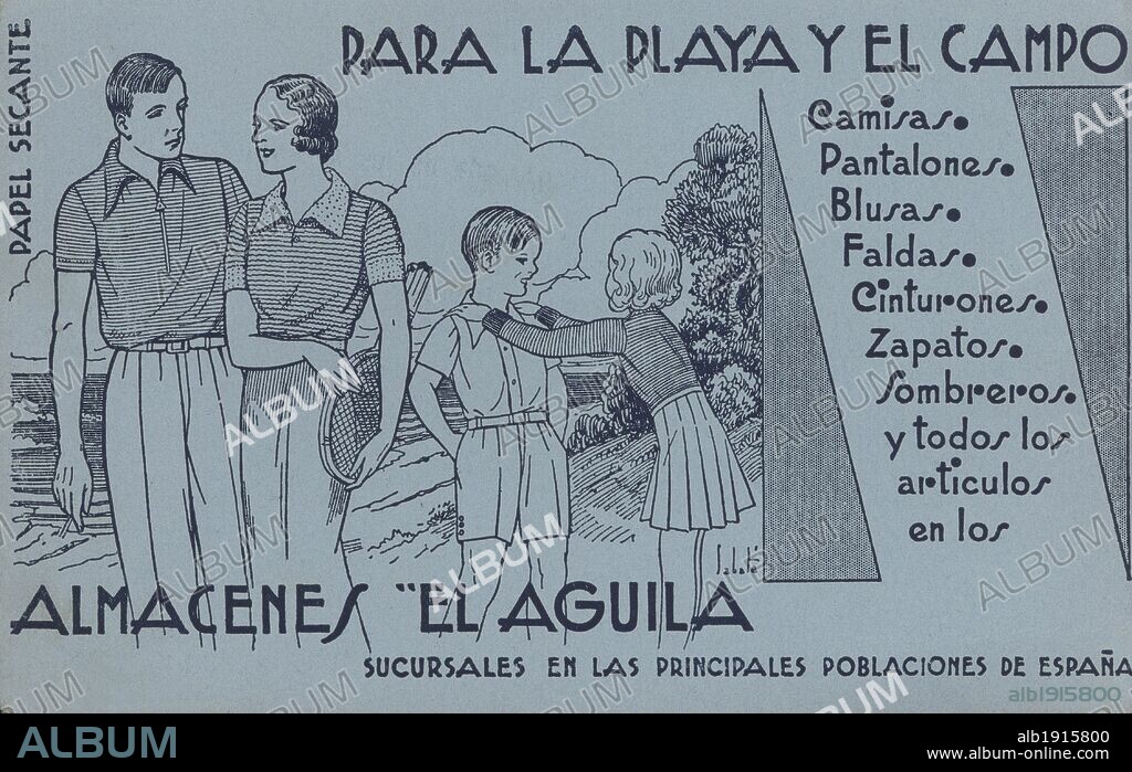 Publicidad de Almacenes El Aguila en una hoja de papel secante. Barcelona, años 1950.